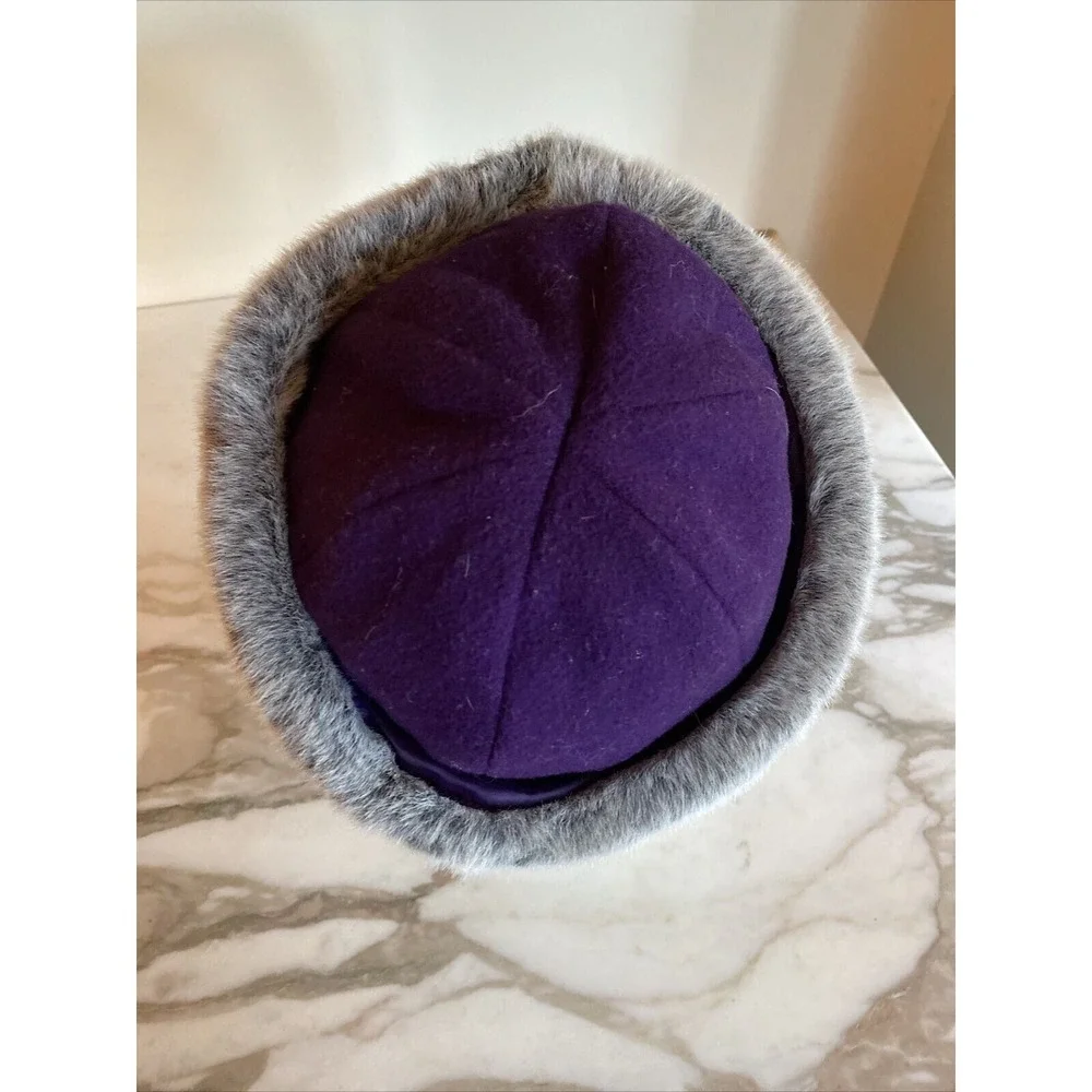 Rothschild‎ Pillbox Hat Purple Wool Grey Faux Fur Trim Vintage Russian Style 6